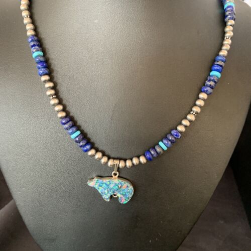 Navajo Bear Pendant | Blue Lapis, Turquoise, Opal | Sterling Silver Necklace | 22" | 13362