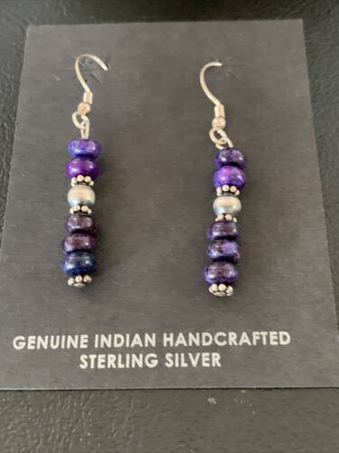 Navajo Purple Sugilite Dangle Bead Earrings | Sterling Silver | 1" | Authentic Native American Handmade | 13066