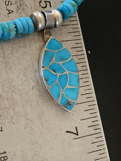 Zuni Turquoise Howlite Inlay Necklace Pendant | Sterling Silver | Authentic Native American Handmade | 02091
