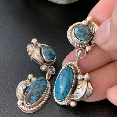 Handmade Navajo Spiderweb Turquoise Dangle Earrings | Sterling Silver | Authentic Native American | 1400
