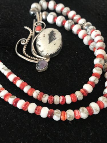 Navajo White Turquoise & Spiny Oyster Pendant Necklace | Authentic Native American Sterling Silver | Multi-Stone | 8645