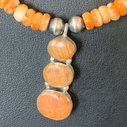 Navajo Pearls Necklace with Orange Spiny Oyster Pendant | Authentic Native American Sterling Silver | Multi-Stone | 12370