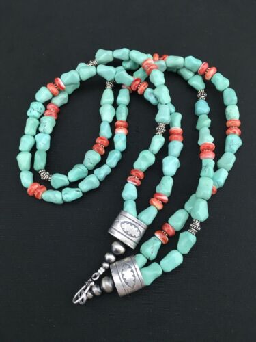Native American Turquoise Spiny Sterling Silver Nugget Bead Necklace | 22" | 1352