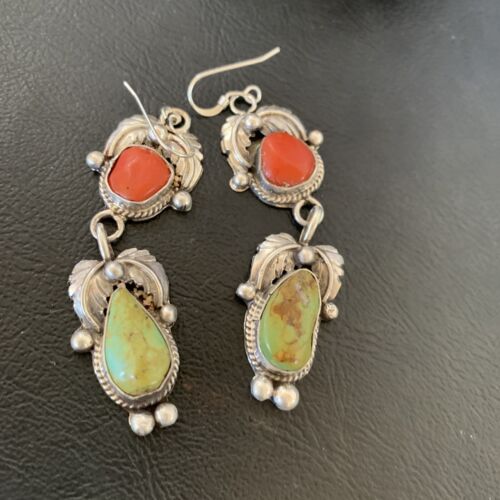 Navajo Green Royston Turquoise & Red Coral Dangle Earrings | Sterling Silver | Native American Handmade | 12354