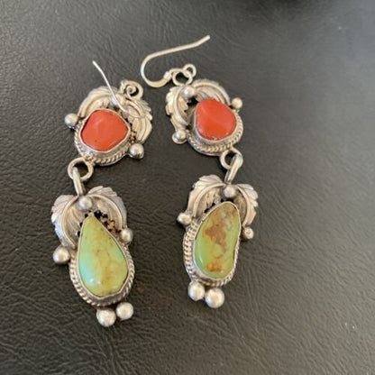 Navajo Green Royston Turquoise & Red Coral Dangle Earrings | Sterling Silver | Native American Handmade | 12354