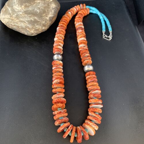 Orange Spiny Oyster & Blue Turquoise Graduated Necklace | Sterling Silver | Authentic Native American | 28" | 13713