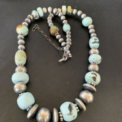 Navajo Pearl Dry Creek Turquoise Beads Necklace | Sterling Silver | 21" | Authentic Native American Handmade | 10978