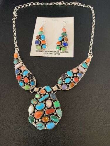 Navajo Multi-Color Turquoise Spiny Necklace & Earring Set | Sterling Silver | 2105