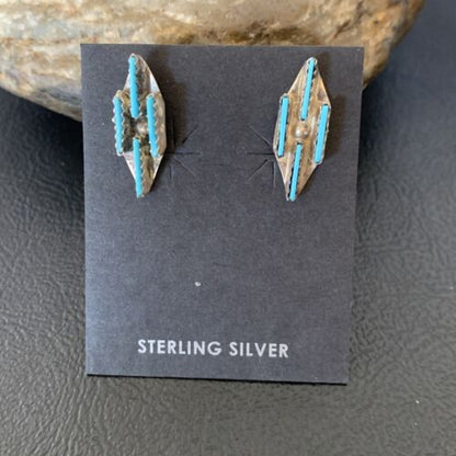 Zuni Blue Turquoise Needle-Point Dangle Post Earrings | Sterling Silver | 0.70" | 12751