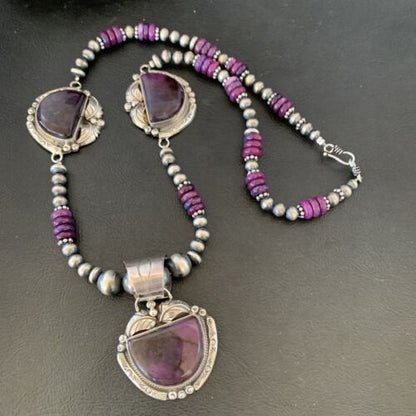 Navajo Pearls Sterling Silver Purple Sugilite Bead Necklace with 3 Pendants | 10869