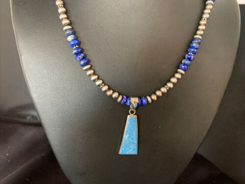 Navajo Blue Denim Lapis Necklace with Inlay Pendant | Sterling Silver | Authentic Native American Handmade | 13490