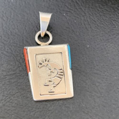 Navajo Kokopelli Coral Turquoise Inlay Pendant | Sterling Silver | Authentic Native American Handmade | 10880