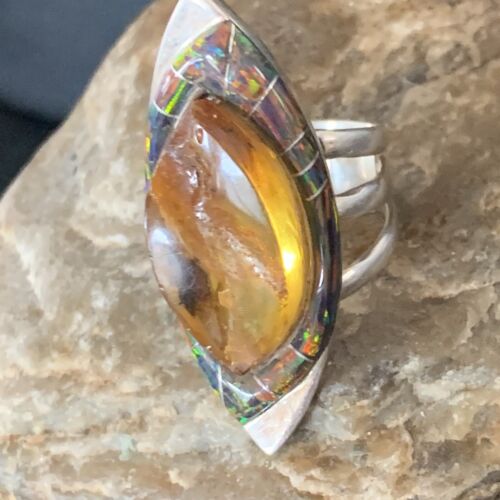 Navajo Gold Pomellato Amber Opal Inlay Ring | Sterling Silver | Sz 10 | Authentic Native American Handmade | 12852