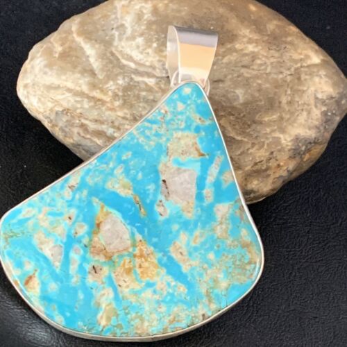 Navajo Men's Kingman Turquoise Necklace | XXL | Sterling Silver | 4" Pendant | Authentic Native American Handmade | 13984
