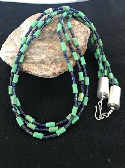 Navajo Tube Beads Lapis Turquoise Necklace | Sterling Silver | Authentic Native American Handmade | 3260