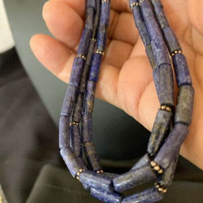 Navajo Blue Lapis 3-Strand Necklace | Sterling Silver Tube Beads | 23" | Authentic Native American Handmade | 12690