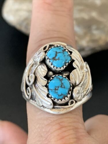 Navajo Blue Kingman Turquoise Feather Ring | Authentic Native American Sterling Silver | Multi-Stone | Sz 11.5 | 12220