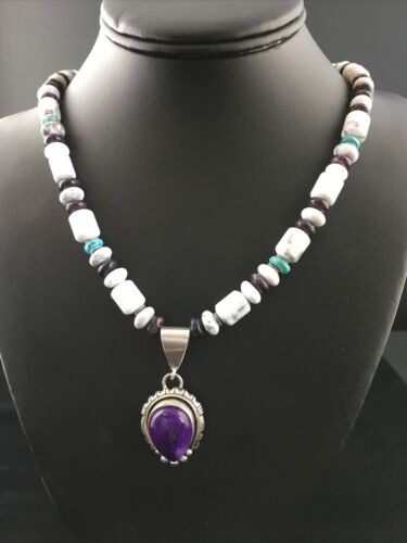 Men's Navajo Purple Sugilite Turquoise Bead Necklace | Sterling Silver | 22" | Authentic Native American Handmade | 10031