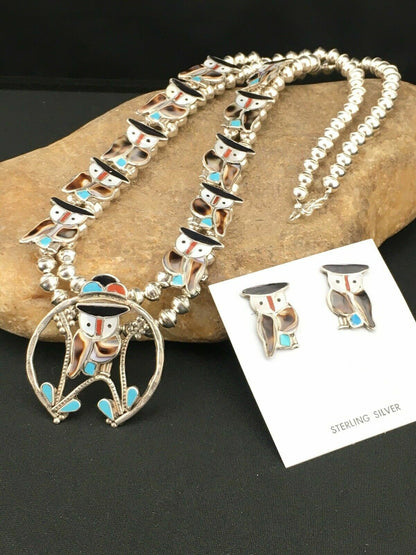 Zuni Owl Inlay Turquoise Squash Blossom Necklace Set | Sterling Silver | Native American Handmade | 1310