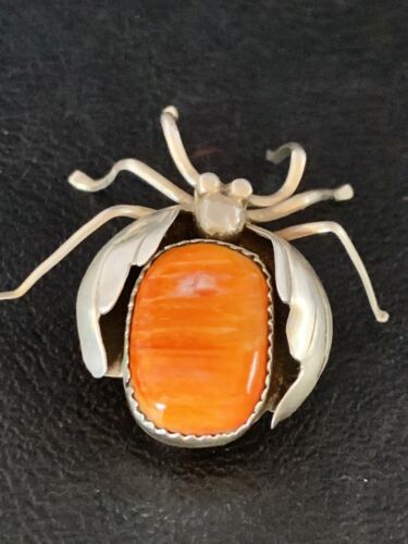 Navajo Spider Pin | Sterling Silver | Orange Spiny Oyster | Authentic Native American Handmade | 13698