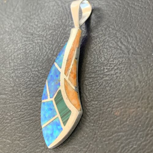 Navajo Spiny Blue Opal Inlay Pendant | Sterling Silver | Authentic Native American Handmade | 12275