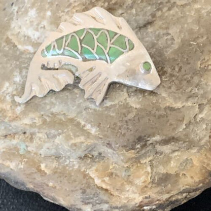 Navajo Green Gaspeite Fish Pin Pendant | Sterling Silver | Authentic Native American Handmade | 12130