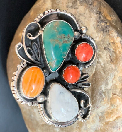 Navajo Blue Kingman Turquoise and Spiny Oyster Ring | Authentic Native American Sterling Silver | Multi-Stone | Sz 12.5 | 02163 - Masha USA