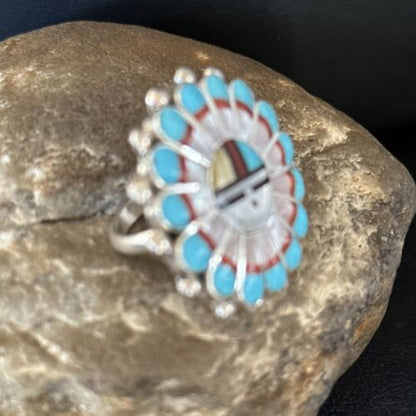 Navajo Zuni Sun Face Ring | Sterling Silver Turquoise Onyx Mother of Pearl Inlay | Sz 8 | 14451