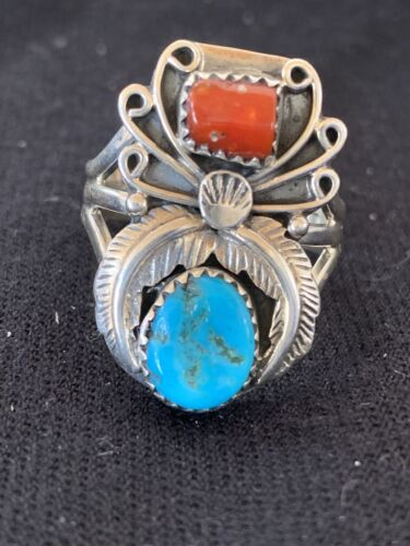 Authentic Navajo Kingman Turquoise & Coral Ring | Sterling Silver | Sz 14 | Native American Jewelry