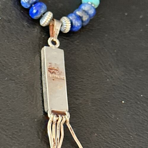 Navajo Blue Turquoise Lapis Necklace Inlay Pendant | Sterling Silver | Authentic Native American Handmade | 14637