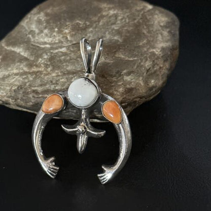 Navajo White Buffalo Turquoise Spiny Naja Pendant | Sterling Silver | Authentic Native American Handmade | 14671