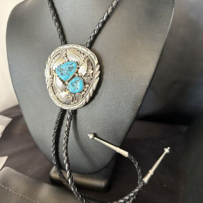 Native American Men's Bolo Tie | Blue Kingman Turquoise | Sterling Silver | Navajo Handmade | 14280