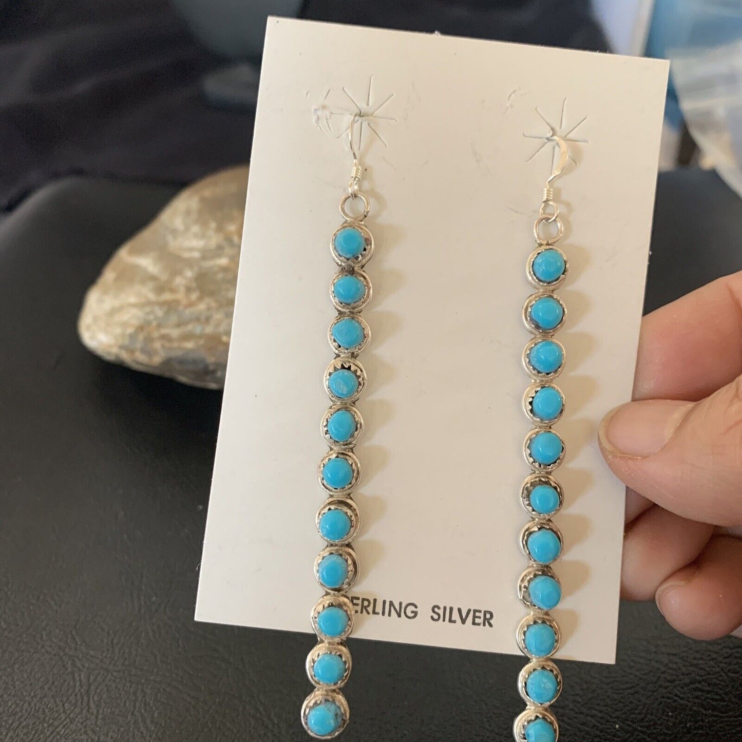 Navajo Green Turquoise Dangle Earrings | Sterling Silver | 3" Long | Authentic Native American Handmade | 12119
