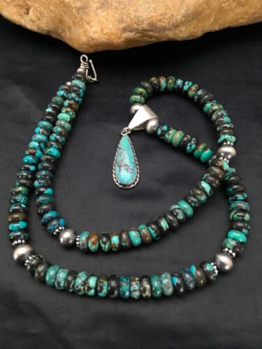 Navajo Spiderweb Turquoise Bead Necklace Pendant | Sterling Silver | Authentic Native American Handmade | 2796