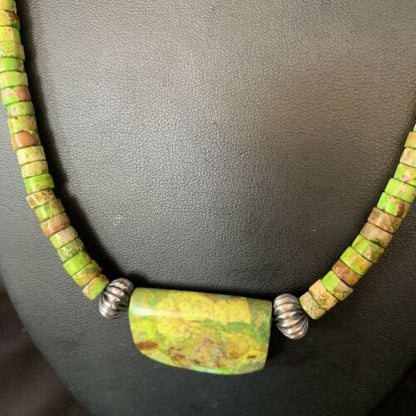 Navajo Green Gaspeite Turquoise Pendant | Sterling Silver | Authentic Native American Handmade | 13916