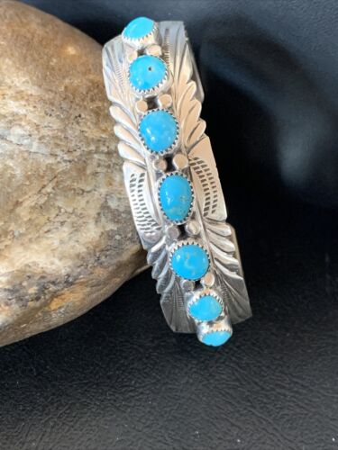 Navajo Kingman Turquoise Cuff Bracelet | Sterling Silver | 7 Stone | Authentic Native American Handmade | 12314
