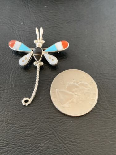 Zuni Turquoise White Mother of Pearl Inlay Dragonfly Necklace Pin Pendant | Sterling Silver | 12326