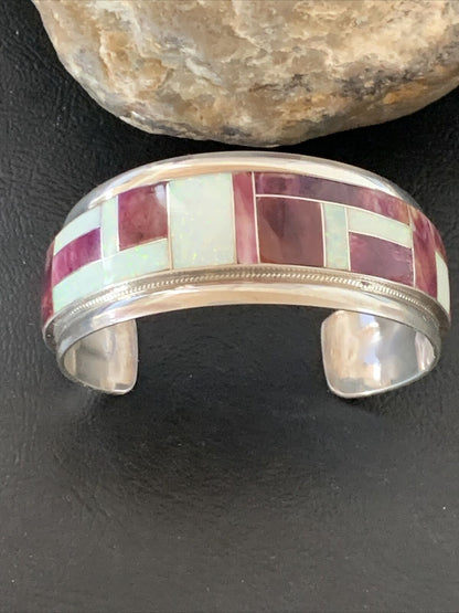 Zuni Purple Spiny Oyster Opal Inlay Cuff Bracelet | Sterling Silver | Authentic Native American Handmade | 12094