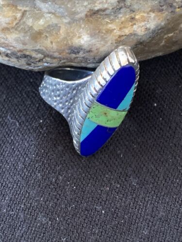 Navajo Multi-Color Lapis & Turquoise Inlay Ring | Sterling Silver | Sz 7 | Authentic Native American Handmade | 1577