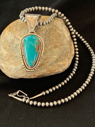 Navajo Kingman Turquoise Necklace Pendant Set | Sterling Silver | Authentic Native American Handmade | 2992
