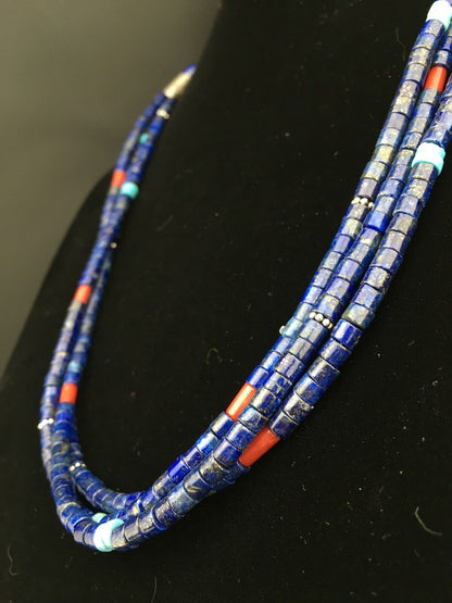 Southwestern Navajo Lapis Turquoise Necklace | 3-Strand | Sterling Silver | 24" | 1332