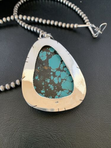 Men's Navajo Pearl Necklace with Blue Spiderweb Turquoise Pendant | Sterling Silver | 10532