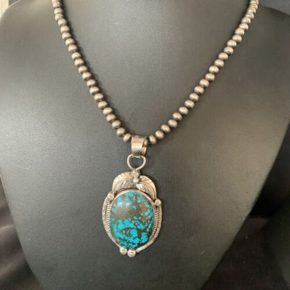 Navajo Spiderweb Turquoise Pendant Necklace | Sterling Silver | 2.25" | Authentic Native American Handmade | 14061