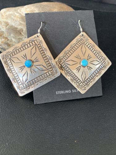 Navajo Blue Turquoise Earrings | Stamped Sterling Silver | Authentic Native American Handmade | 12912