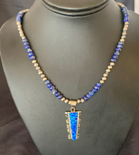 Navajo Pearls Necklace with Blue Lapis Opal Inlay Pendant | Sterling Silver | Authentic Native American Handmade | 11632