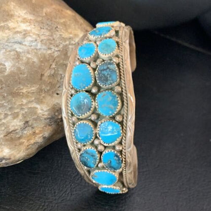 Navajo Blue Kingman Turquoise Cuff Bracelet | 2 Row | 16 Stone | Sterling Silver | Authentic Native American Handmade | 12691