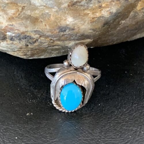 Navajo Blue Turquoise Moonstone Ring | Authentic Native American Sterling Silver | Multi-Stone | Sz 6.5 | 10770