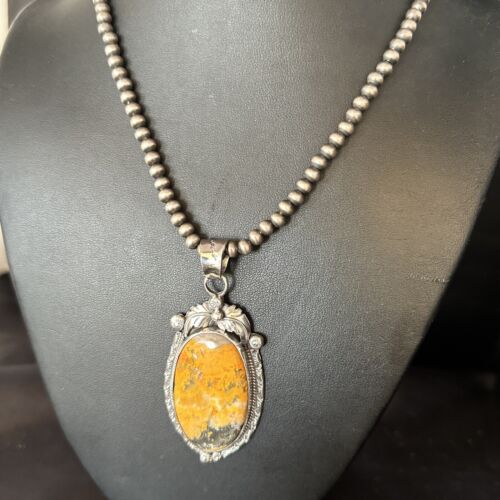 Navajo Bumblebee Jasper Pendant Necklace | Sterling Silver | Authentic Native American Handmade | 14248