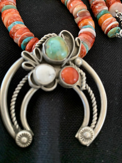 Navajo Pearls Sterling Silver Necklace | Red Spiny Oyster & Turquoise Naja Pendant | Authentic Native American Handmade