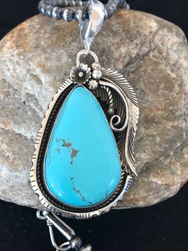 Kingman Turquoise Pendant | Navajo Pearls Sterling Silver Necklace | Authentic Native American Handmade | 8573